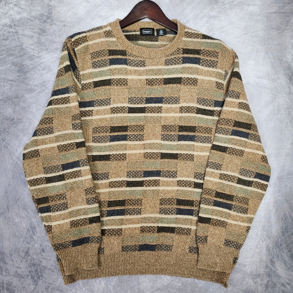Vintage 90s Coogi Style Textured Knit Earth Tone Sweater Medium Cotton Haggar